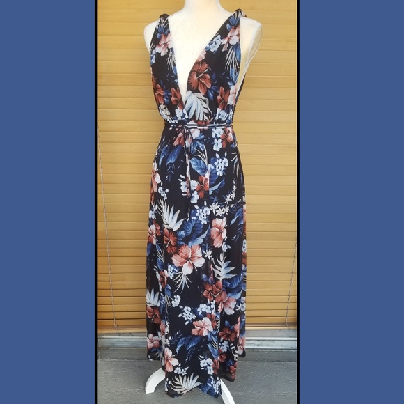 hello miss Dresses & Skirts - Hello Miss Blue Floral Maxi Dress Deep V Neck